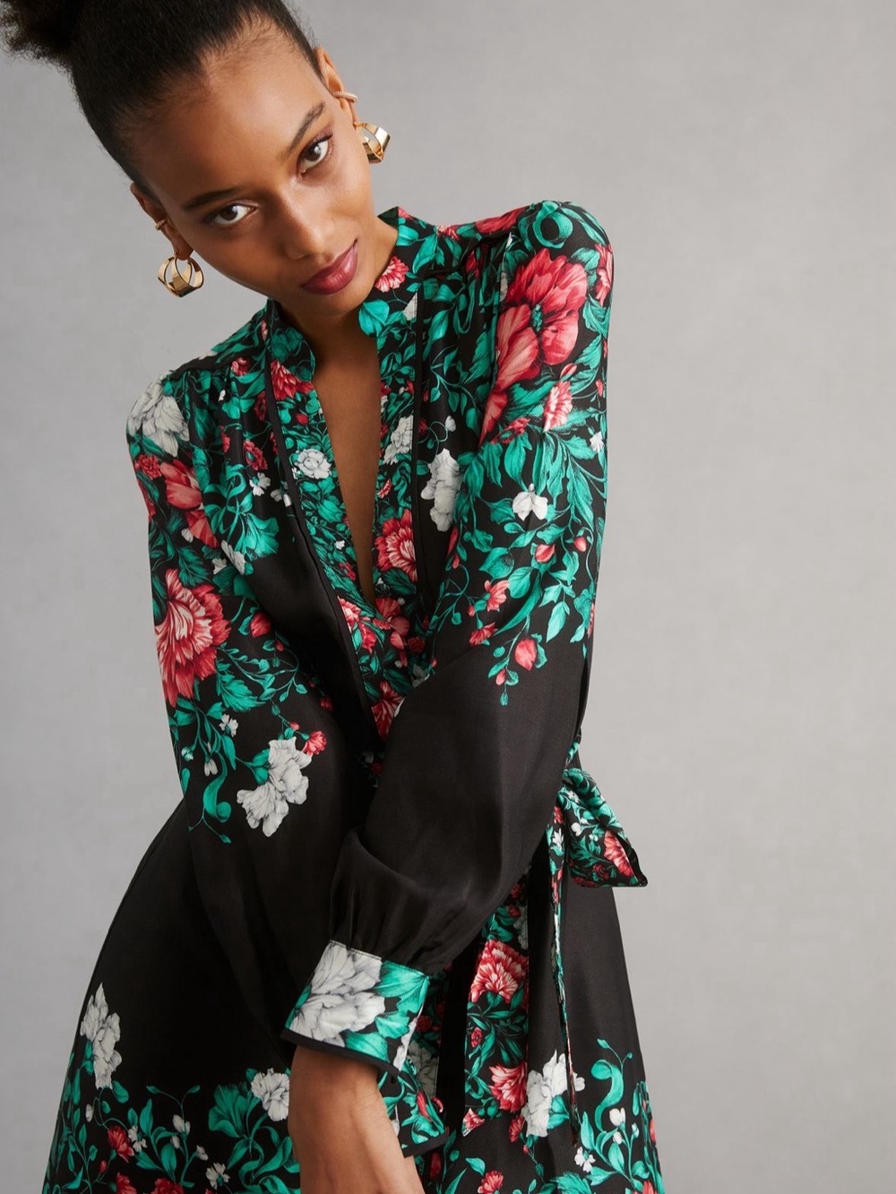 Floral Black Tie-Waist Dress with Red & Green Blooms